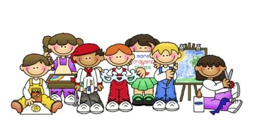 line of charicature children with paint brushes and easel line of charicature children with paint brushes and easel
